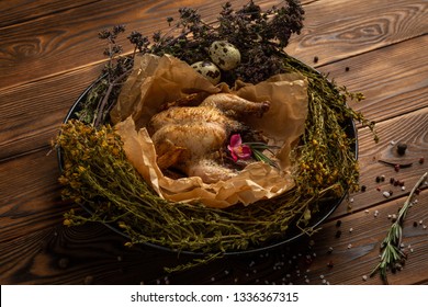 Mongolian Chicken With Herbs On Wooden Background