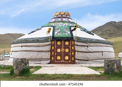 Mongolian jurt with two standards of ancient Chinghiskhan army