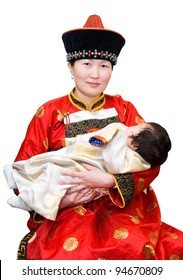 A Mongolian Woman Holds Her Baby, Isolated