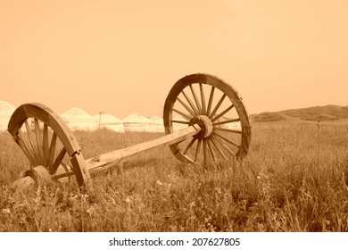 mongolian yurt and abandoned wheel, closeup of photo  - Shutterstock ID 207627805