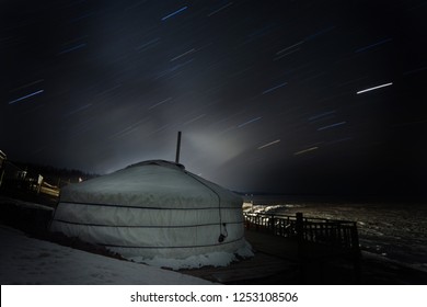 Mongolian Yurt In The Hight. Tracks From Stars In The Night Sky