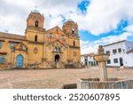 Mongui, Boyaca, Colombia - May 3th 2024 - Historic Church and Pre-Columbian Sculpture in Mongui