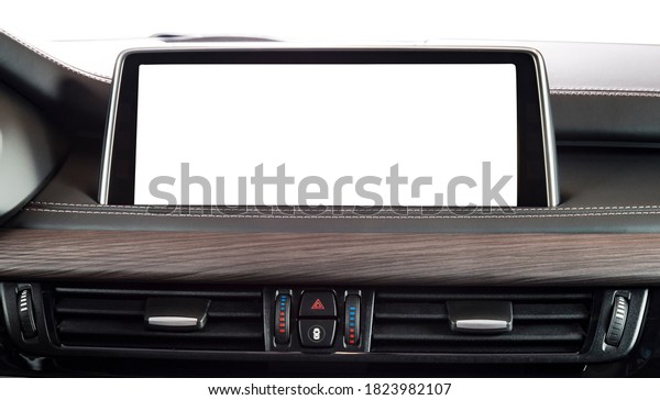 Monitor in car with blank\
screen. navigation maps concept. isolated on white with clipping\
path