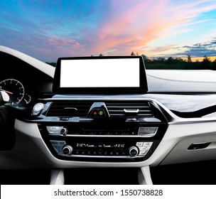 Monitor In Car With Isolated Blank Screen Use For Navigation Maps And GPS. Isolated On White With Clipping Path. Car Detailing. Car Display With Blank Screen. Modern Car Interior Details. Mock Up