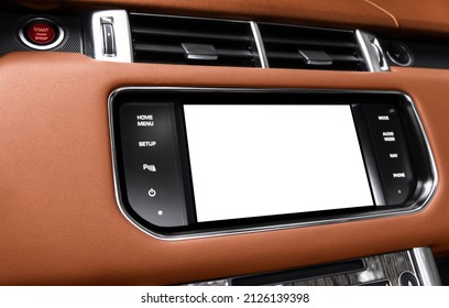 Monitor In Car With Isolated Blank Screen Use For Navigation Maps And GPS. Isolated On White With Clipping Path. Car Detailing. Car Display With Blank Screen. Modern Car Brown Leather Interior 