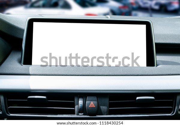 Monitor in car with isolated blank\
screen use for navigation maps and GPS. Isolated on white with\
clipping path. Car detailing. Modern car interior\
details