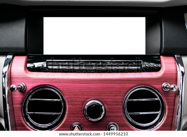 Monitor in car with isolated blank screen use for
navigation maps and GPS. Isolated on white with clipping path. Car
detailing. Car display with blank screen. Modern car interior
details. Mock up