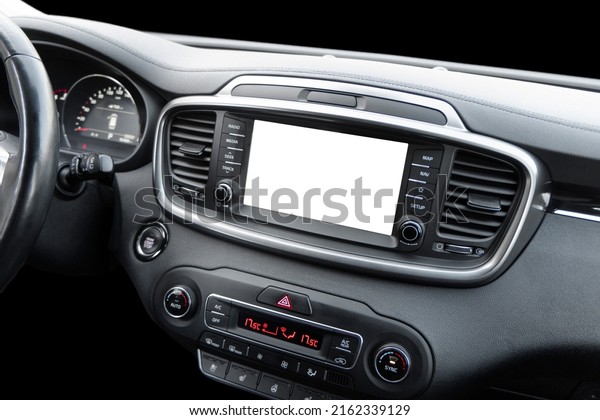 Monitor in car with isolated blank screen use\
for navigation maps and GPS. Isolated on white with clipping path.\
Car display with blank screen. Modern car black leather interior\
details.