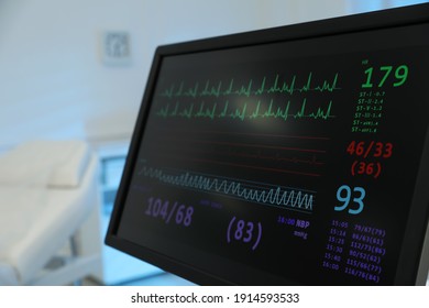 Monitor With Cardiogram In Hospital, Closeup. Space For Text