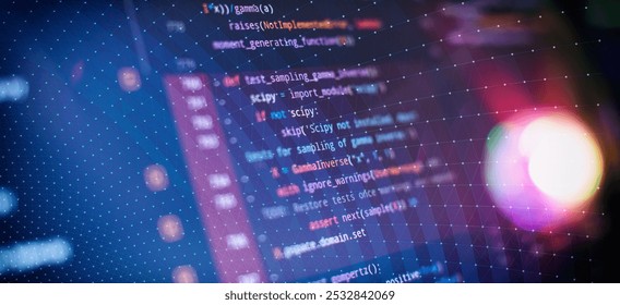 Monitor closeup of function source code. Abstract IT technology background.