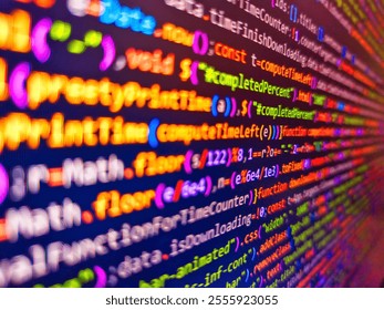 Monitor closeup of function source code. Stock market ticker on monitor screen. Closeup of a stock market ticker with red and green numbers. Application source code background. 3d rendering.