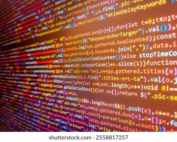 Monitor closeup of function source code.  . Stock exchange market graph analysis in red background. Investing and stock market concept gain and profits with faded candlestick charts.
