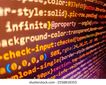 Monitor closeup of function source code. Programmer developer screen. Source code programming concept. Abstract background of digital binary code of software. Financial data on a monitor.