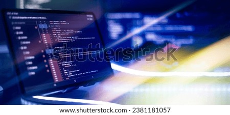 Monitor closeup of function source code. Abstract IT technology background.