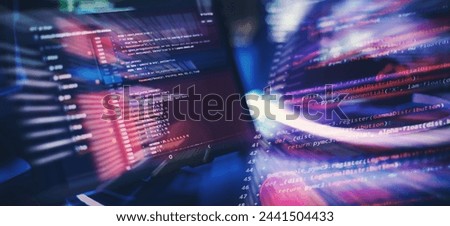 Monitor closeup of function source code. Abstract IT technology background.