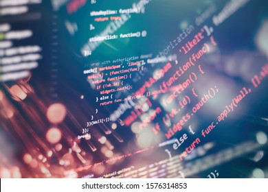 Monitor closeup of function source code.Writing programming functions on laptop. Big data and Internet of things trend.