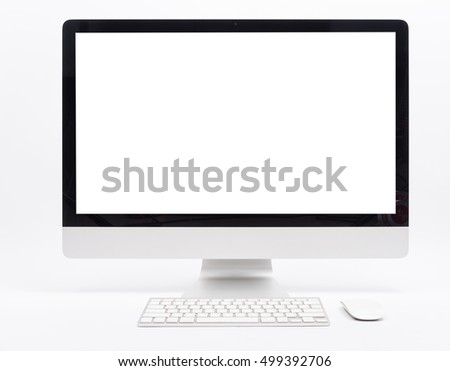 monitor computer retina display, mouse, keyboard and blank screen on white table