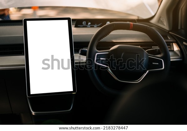 Monitor in EV car with isolated blank screen
use for GPS. Isolated on white with clipping path. Car display with
blank screen. car interior
details.
