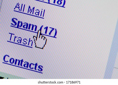 Monitor screen showing email spam mailbox folder. Internet mail advertising concept