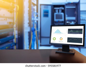 monitor show graph information of network traffic and status of device in server room data center and blur background