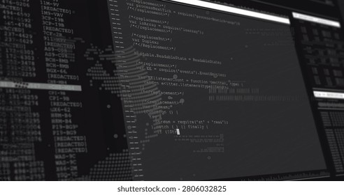 Monitor showing dotted globe and code editor, crop shifting right, cursor adding code for dev. Terminal, dark, monospace, javascript, development, software, telemetry - Powered by Shutterstock - Get 15% off with code: PIKWIZARD15