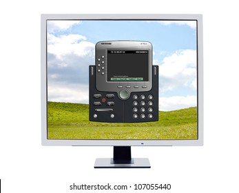 Monitor showing  a softphone software application which is used instead of having a hardware IP phone for voip technology which is operated from the computer by using the keyboard and a headset