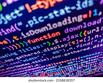 Monitor technology concept. The code is seen from top to bottom and its part of an library. Blue color. Code on monitor. Computer language. Ad with work for developer. Abstract financial graph.