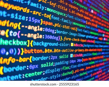 Monitor technology concept. Creative blue news background. Abstract digital code inside the file. Double exposure image of computer screen displayed lines of binary code information. Blue php.