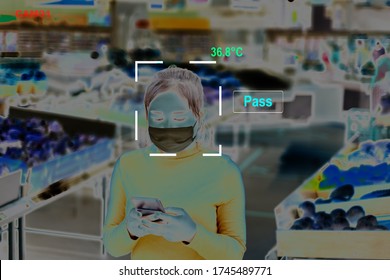 Monitor temperature thermal check scaning people in supermarket prevention coronavirus covid-19 infrared imaging camera screen ai security and medical health before quarantine. - Powered by Shutterstock