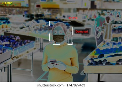 Monitor temperature thermal check scaning people in supermarket prevention coronavirus covid-19 infrared imaging camera screen ai security and medical health before quarantine. - Powered by Shutterstock