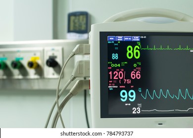 Monitor Vital Sign And EKG  Monitor In ICU Unit ,it Show The Waves Of Blood Pressure, Blood Oxygen Saturation, ECG,heart Rate,respiratory Rate.