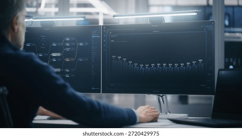 Monitoring Big Data Metrics in Server Hall. Professional Male Manager Sitting at Desk Monitors Performance Metrics on Dual Screens Against Backdrop of Server Racks. Management and Big Data Analysis.