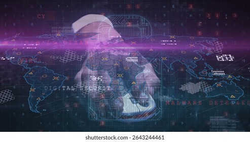 Monitoring hooded figure scanning world map in cyber interface, with fingerprint icon and warnings. Cybersecurity, digital, futuristic, technology, data, protection, intelligence - Powered by Shutterstock - Get 15% off with code: PIKWIZARD15