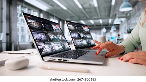 Monitoring Security System With CCTV Camera And Alarm Surveillance On Screen.