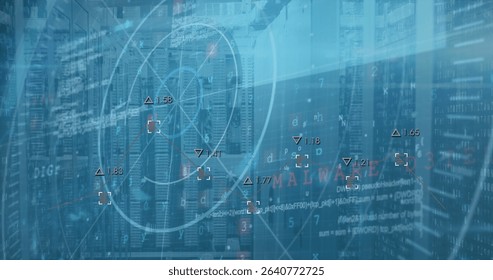 Monitoring server cabinets displaying digital overlay in data center, with malware alert text. Technology, cybersecurity, data center, digital, monitoring, network, infrastructure