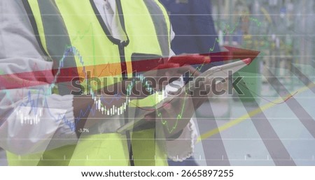 Monitoring supervisor in neon vest using stylus on tablet at assembly line with metrics overlay. Manufacturing, industrial, teamwork, data analysis, technology, production, efficiency
