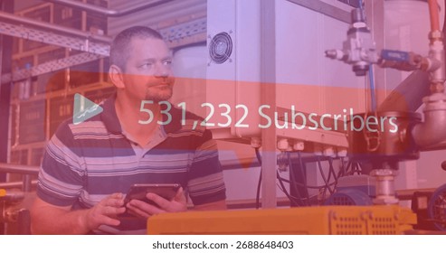 Monitoring tech holding tablet checking panel in plant with overlay showing 531,232 Subscribers. Industrial, engineering, automation, machinery, control, maintenance, manufacturing