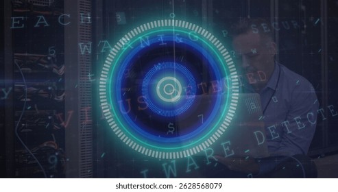 Monitoring IT technician wearing shirt using tablet in data center server room, glowing interface. Cybersecurity, technology, data, network, digital, modern, professional