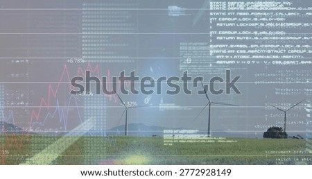 Monitoring three white wind turbines showing live market overlays on rural plain, code blocks. Renewable, energy, analytics, visualization, dashboard, data, gridlines