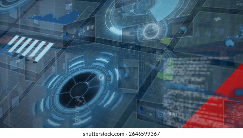 Monitoring warehouse worker in yellow hard hat and safety vest scanning holographic UI, copy space. Logistics, industrial, futuristic, automation, data visualization, supply chain, warehouse