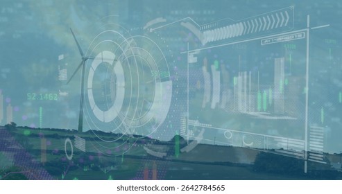 Monitoring wind turbine collecting energy output data on countryside hills, with digital interfaces. Renewable, sustainability, technology, rural, analytics, environmental, cleanenergy