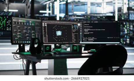 Monitors in data center displaying node tree programming optimizing infrastructure health. Visual programming systems on workstations detecting server room equipment malfunctions