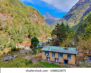 Monjo, Nepal - November 2019: Leaving Sagarmatha National Park. Everest Base Camp Trek: Way Down From Namche Bazar To Surke And Paiya. Himalayas, Solokhumbu, Nepal.