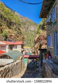 Monjo, Nepal - November 2019: Leaving Sagarmatha National Park. Everest Base Camp Trek: Way Down From Namche Bazar To Surke And Paiya. Himalayas, Solokhumbu, Nepal.