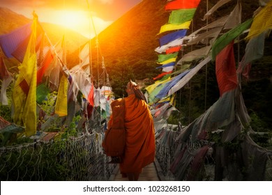 Monk Walking Hike In Bhutan.