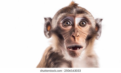 A monkey with its mouth open and eyes wide open. The monkey is looking at the camera. Concept of curiosity and surprise, isolated