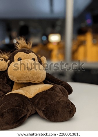 Monkey plush sitting on white table