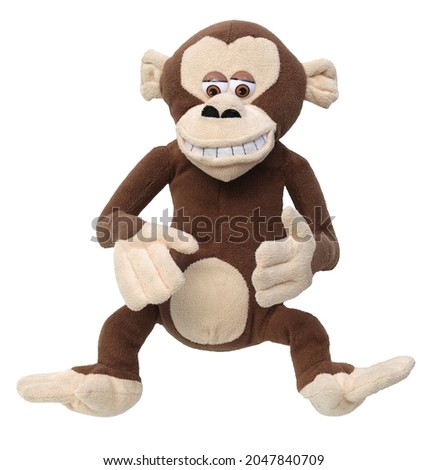 Monkey plush toy. Ape plushie plaything. coaita isolated on white background. simian on white bg.