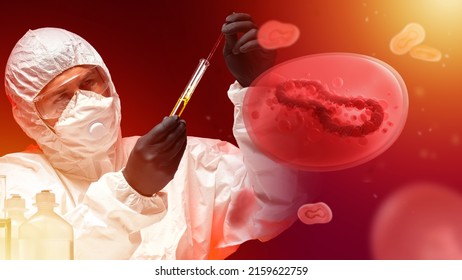 Monkeypox cells. Virologist is studying Monkeypox fever. Doctor with test tube. Man in hazmat suit. Study of analyzes infected with infection concept. Monkeypox molecule on red background - Shutterstock ID 2159622759