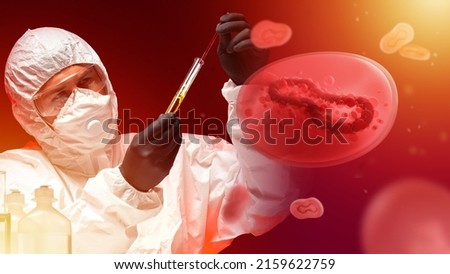 Monkeypox cells. Virologist is studying Monkeypox fever. Doctor with test tube. Man in hazmat suit. Study of analyzes infected with infection concept. Monkeypox molecule on red background